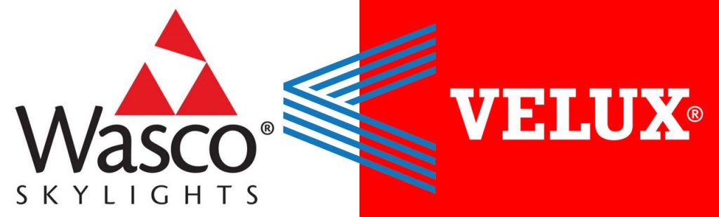 Wasco and VELUX logos with Skylights for Less Logo in between